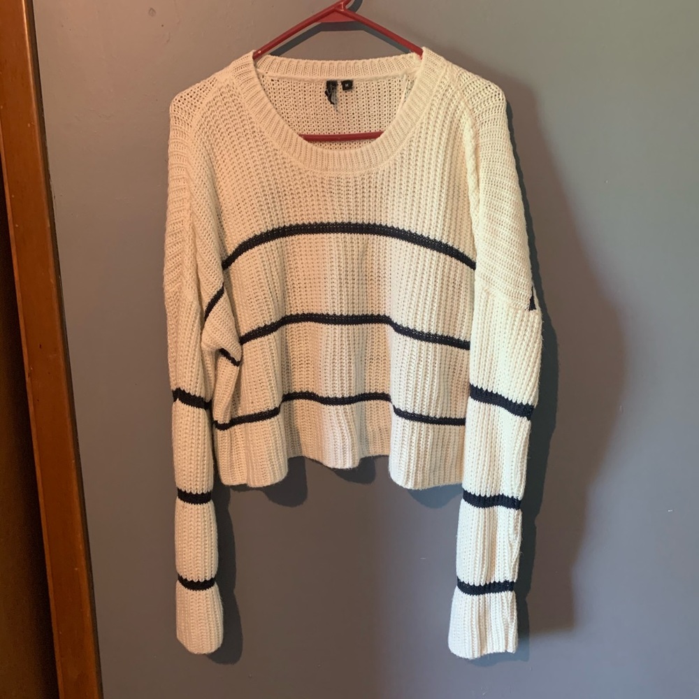 White and Navy Striped Cropped Sweater